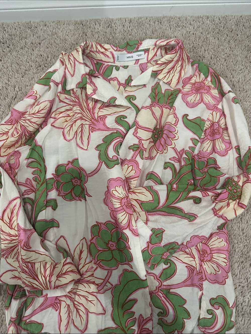 Mango Floral Button-Front Women's Top in Pink & Green